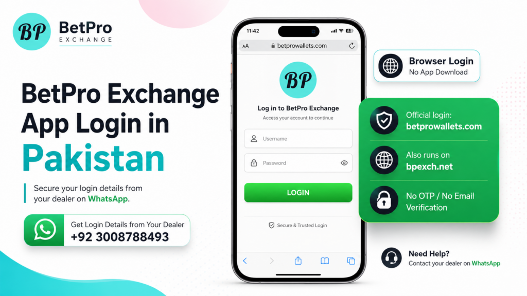 Smartphone screen showing BetPro Exchange App login page with username and password fields for Pakistani users